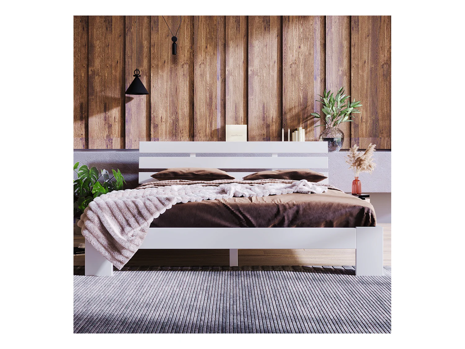 Letto matrimoniale in legno massello con testiera, pino bianco, design rustico e compatto (144x210x67,5cm)