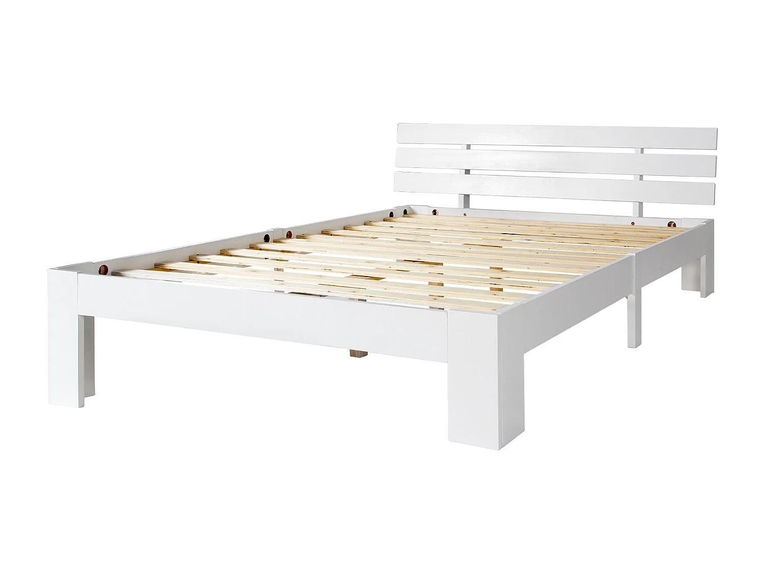 Tweepersoonsbed van massief hout met hoofdeinde, wit grenen, rustiek en compact design (144x210x67,5cm)