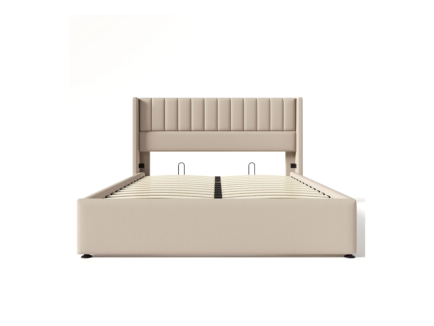 Lit double avec rangement hydraulique, lin, beige, sommier bois et métal (214.5x173x113cm)