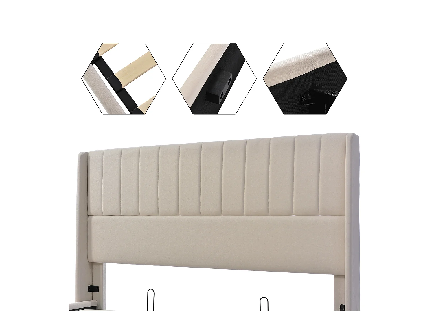 Lit double avec rangement hydraulique, lin, beige, sommier bois et métal (214.5x173x113cm)