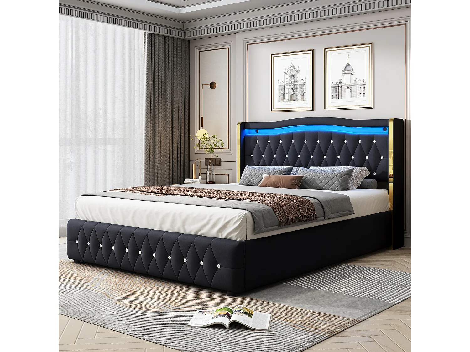 Lit 160x200 cm, LED avec rangement, hydraulique, tissu velours, pieds larges décorés, noir (213 x 168 x 109 cm)