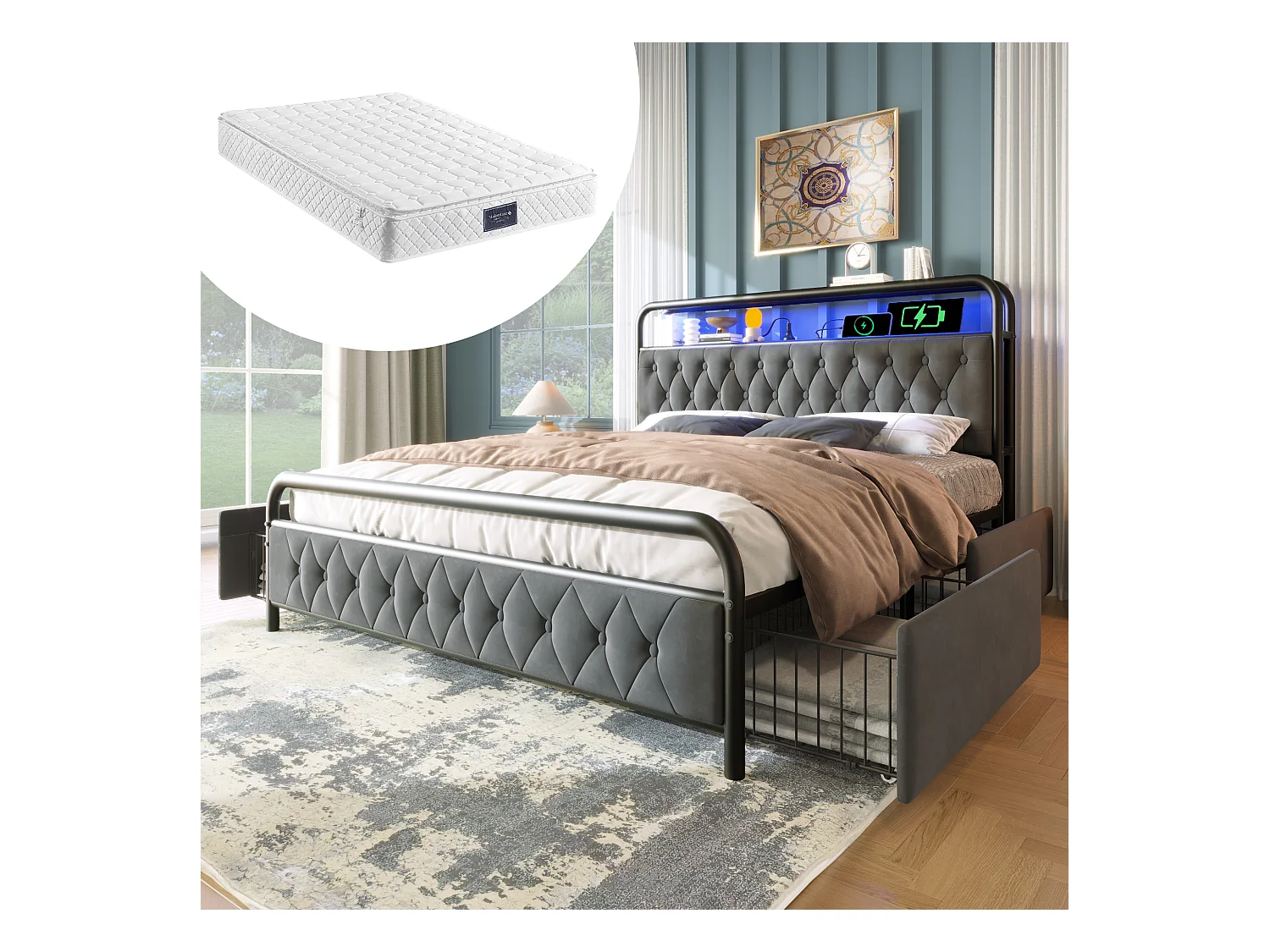 Lit double 140×200 cm avec LED et ports USB Type C, cadre métallique, 4 tiroirs, velours gris (avec matelas)