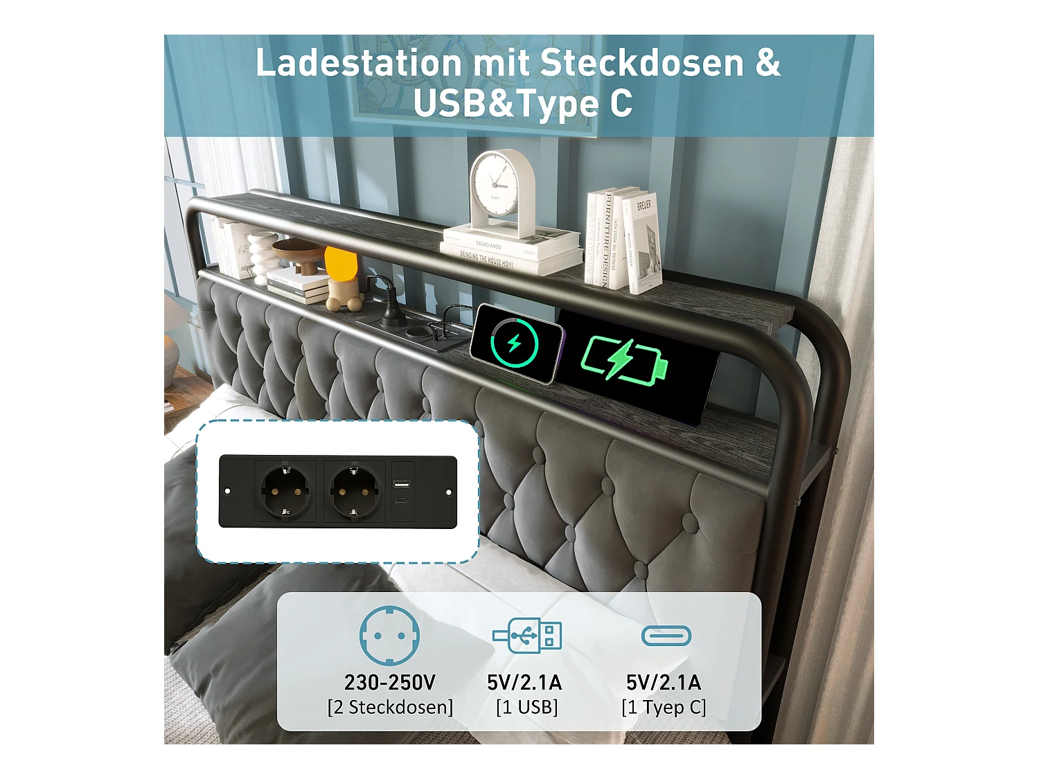 Lit double 140×200 cm avec LED et ports USB Type C, cadre métallique, 4 tiroirs, velours gris (avec matelas)