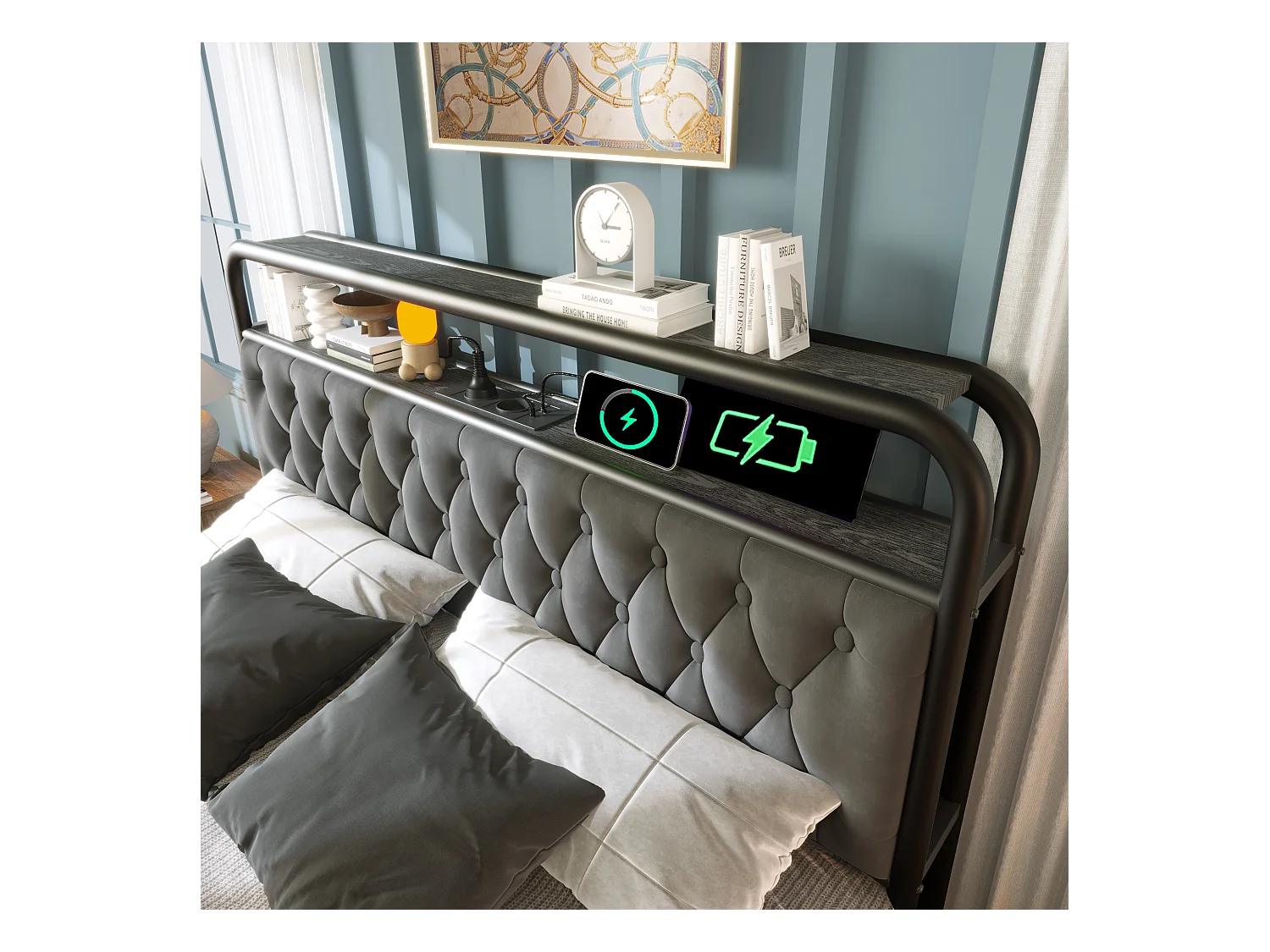 Lit double 140×200 cm avec LED et ports USB Type C, cadre métallique, 4 tiroirs, velours gris (avec matelas)