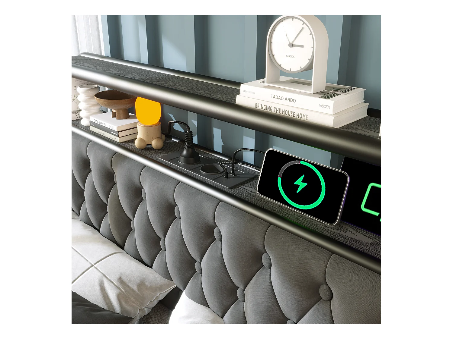 Lit double 140×200 cm avec LED et ports USB Type C, cadre métallique, 4 tiroirs, velours gris (avec matelas)