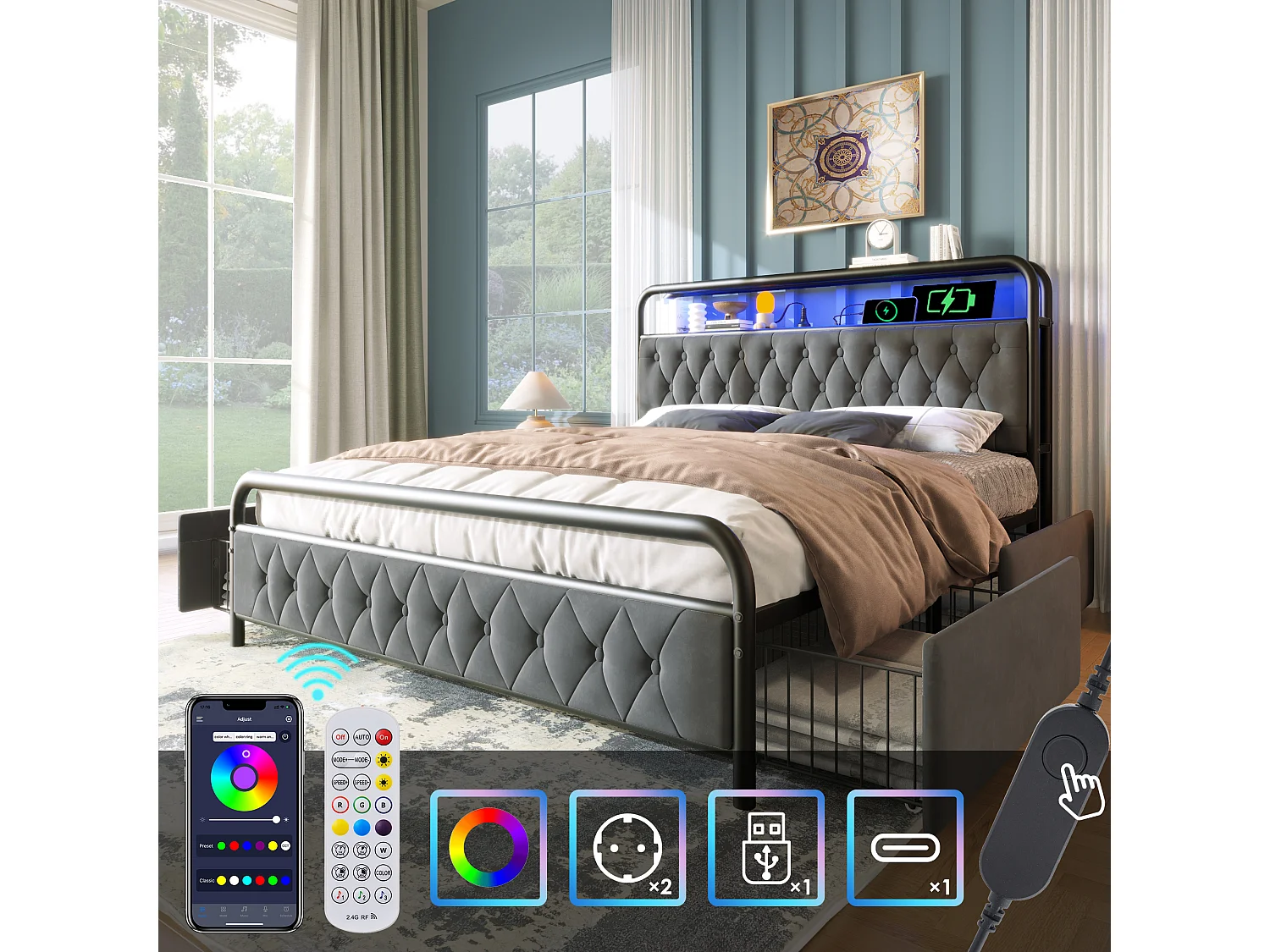 Lit double 140×200 cm avec LED et ports USB Type C, cadre métallique, 4 tiroirs, velours gris (avec matelas)