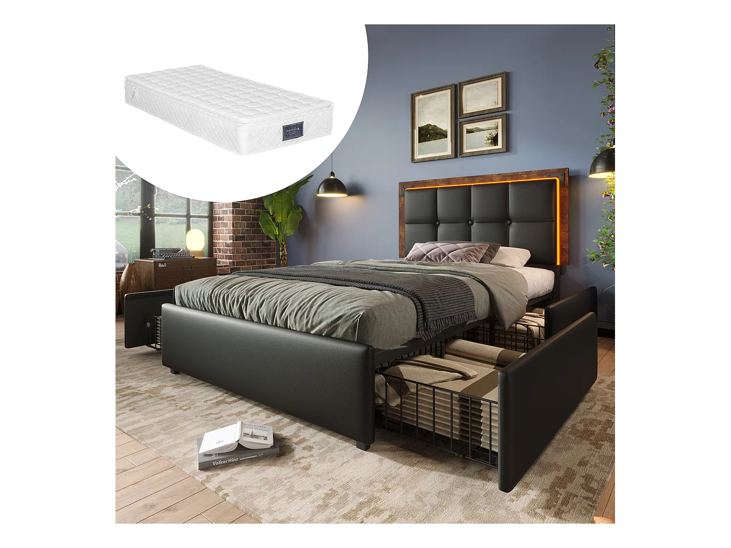 Bed 90x200 cm met LED, 4 lades, verstelbaar hoofdeinde, Zwart PU, met matras