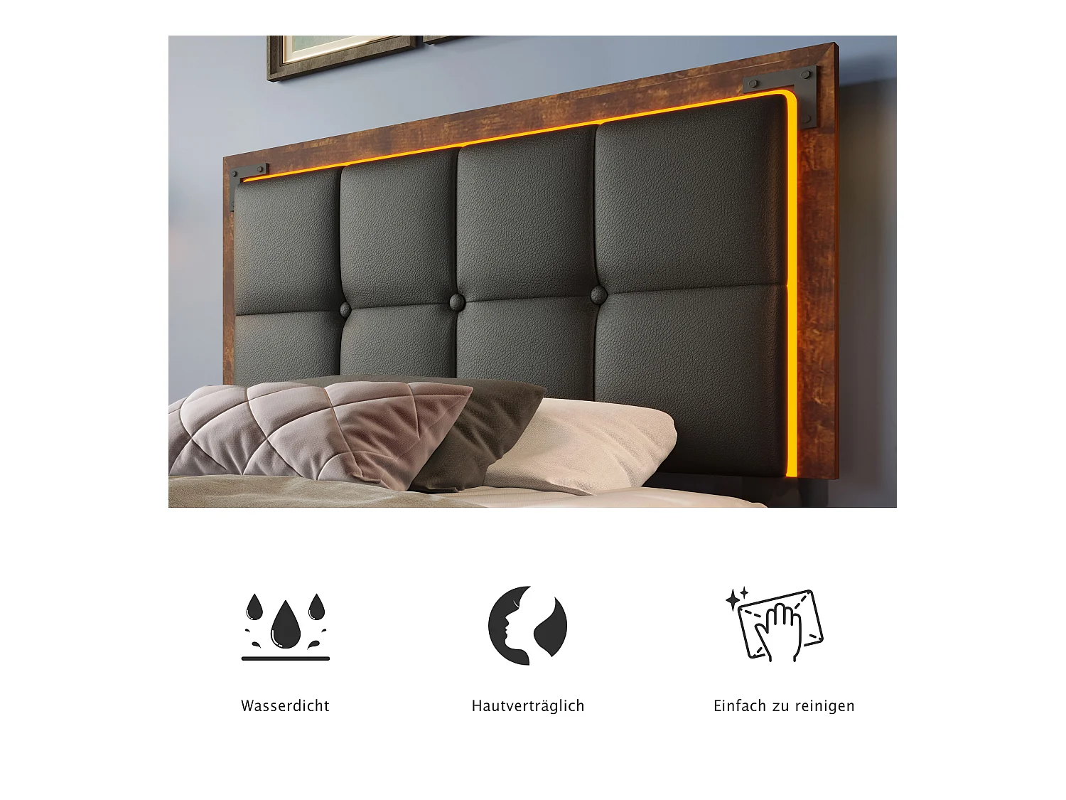 Bed 90x200 cm met LED, 4 lades, verstelbaar hoofdeinde, Zwart PU, met matras