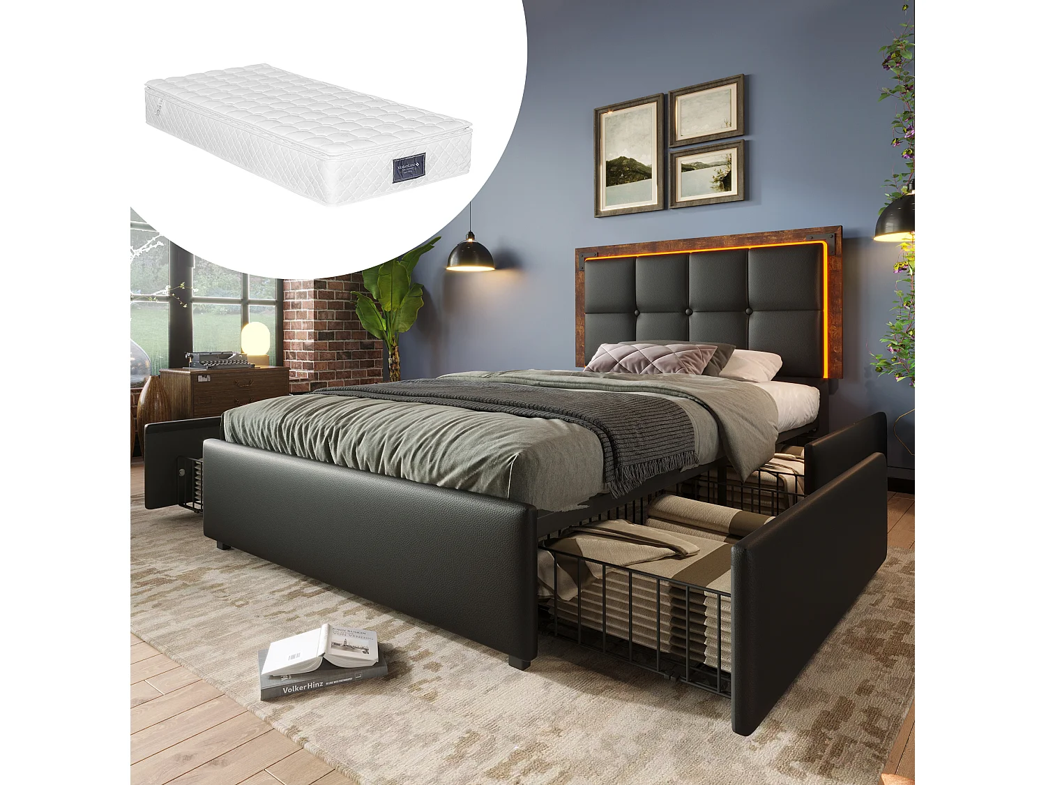 Letto 90x200 cm con LED, 4 cassetti, testiera regolabile, PU nero, con materasso