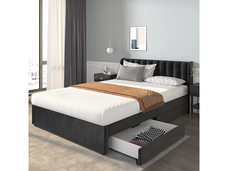 Gestoffeerd bed 140x200 cm met lattenbodem en hoofdbord, 2 opberglades, PU, grijs