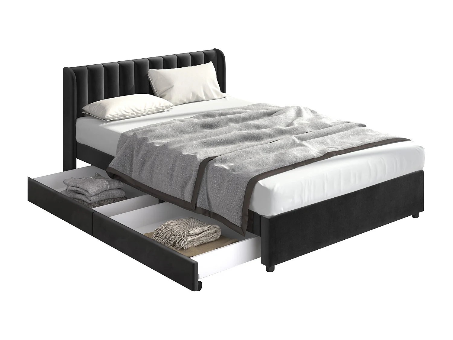 Letto imbottito 140x200 cm con rete a doghe e testiera, 2 cassetti contenitore, PU, grigio