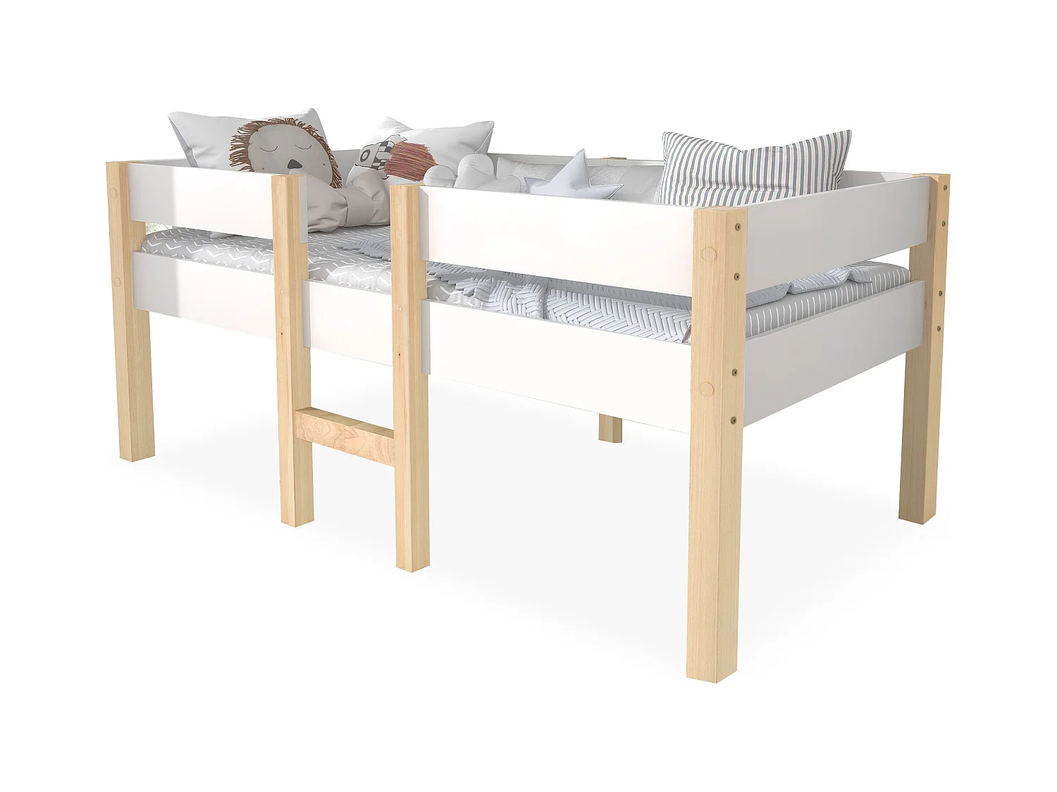 Letto per bambini con protezione anticaduta, pino massiccio, bianco e rovere (208x97x77cm)