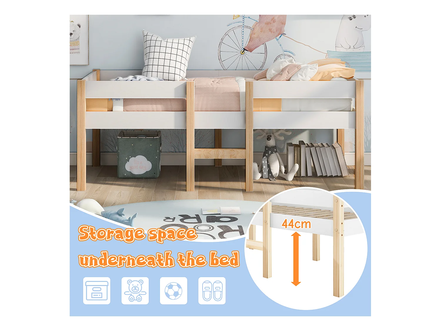 Letto per bambini con protezione anticaduta, pino massiccio, bianco e rovere (208x97x77cm)