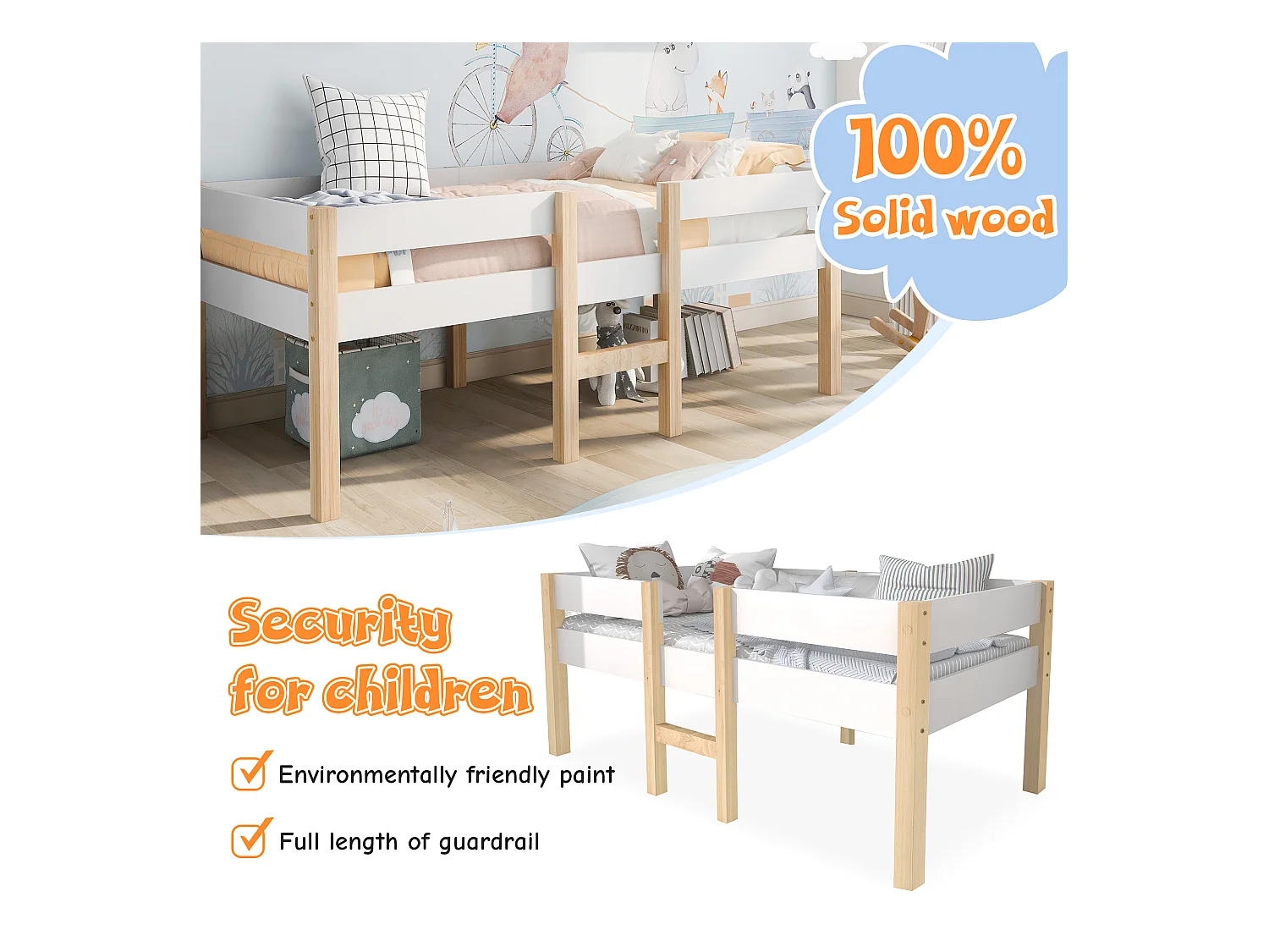 Letto per bambini con protezione anticaduta, pino massiccio, bianco e rovere (208x97x77cm)