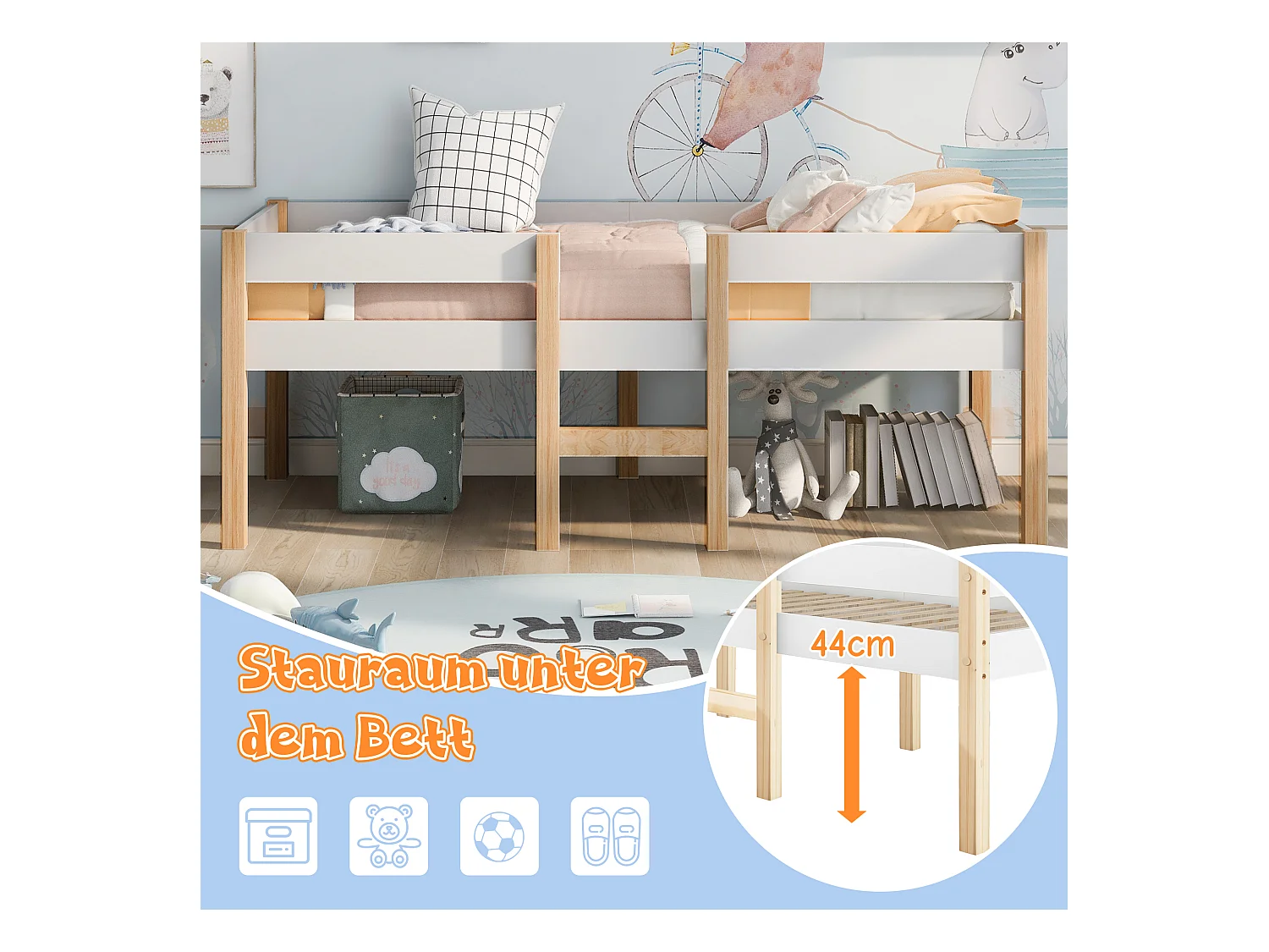 Letto per bambini con protezione anticaduta, pino massiccio, bianco e rovere (208x97x77cm)