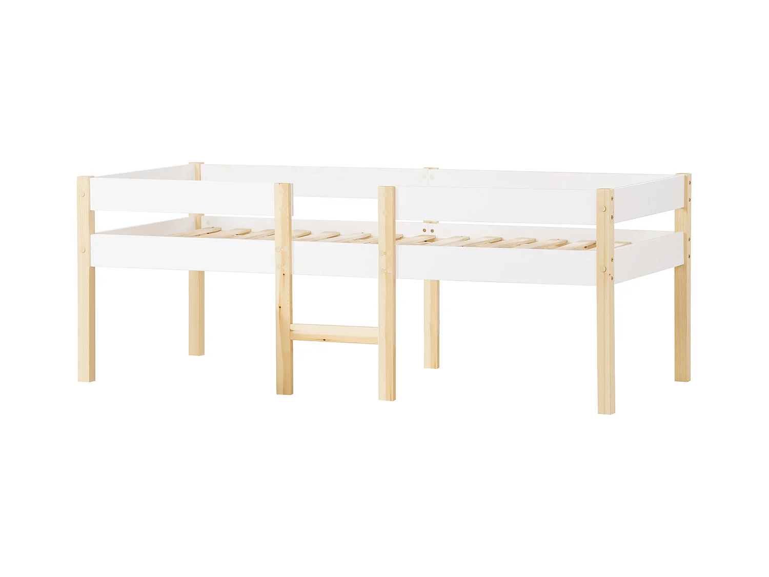 Letto per bambini con protezione anticaduta, pino massiccio, bianco e rovere (208x97x77cm)