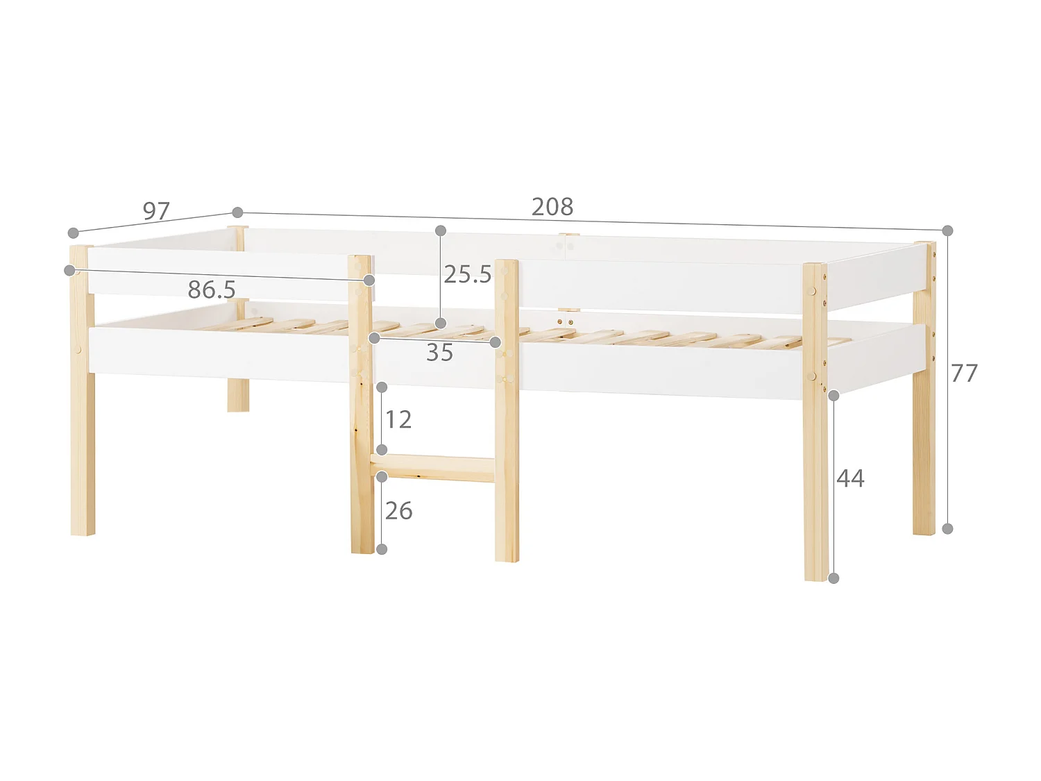 Letto per bambini con protezione anticaduta, pino massiccio, bianco e rovere (208x97x77cm)