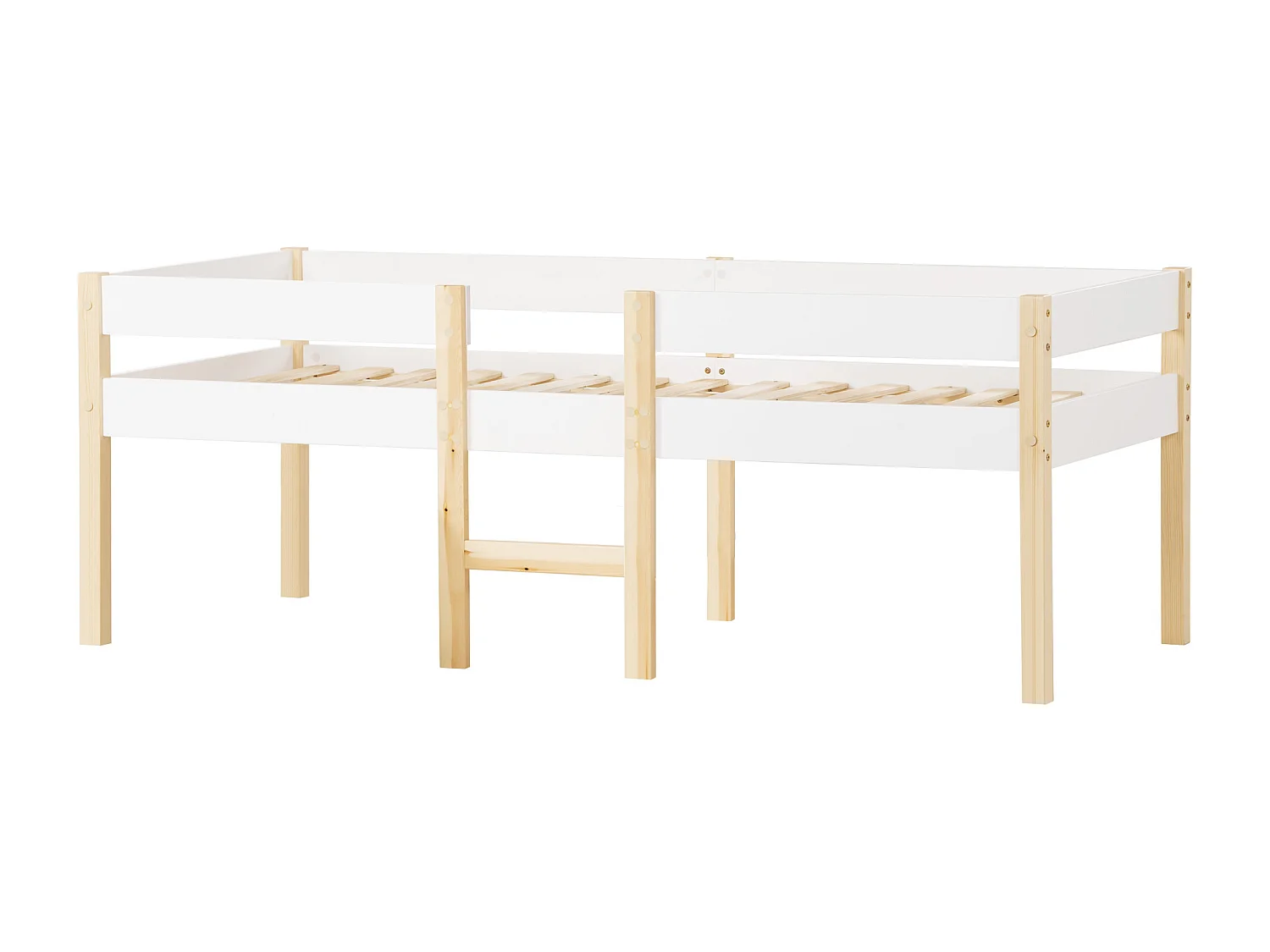 Letto per bambini con protezione anticaduta, pino massiccio, bianco e rovere (208x97x77cm)