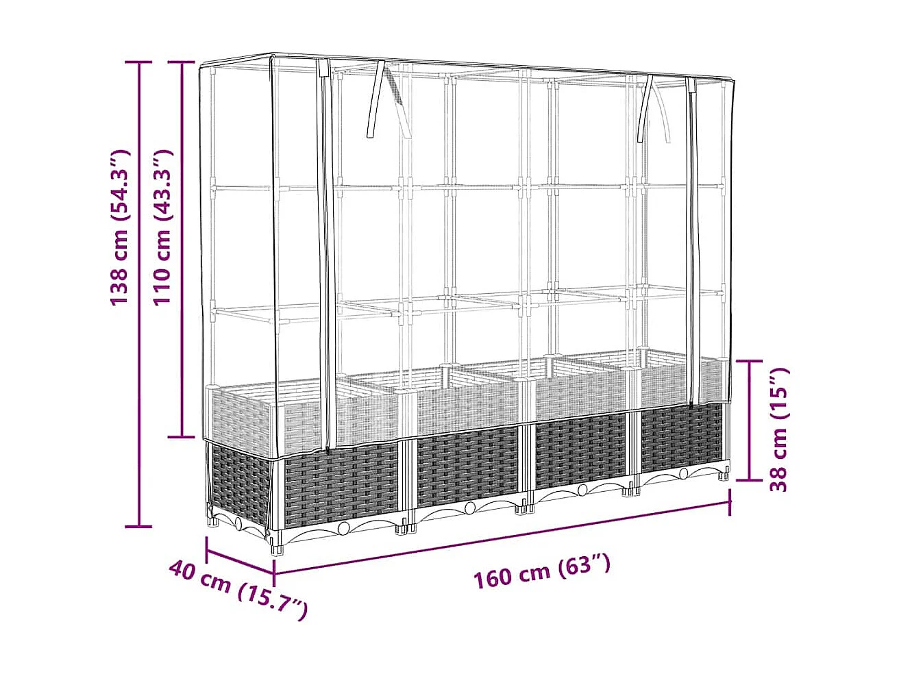 Jardinière surélevée avec housse aspect rotin 160x40x138 cm