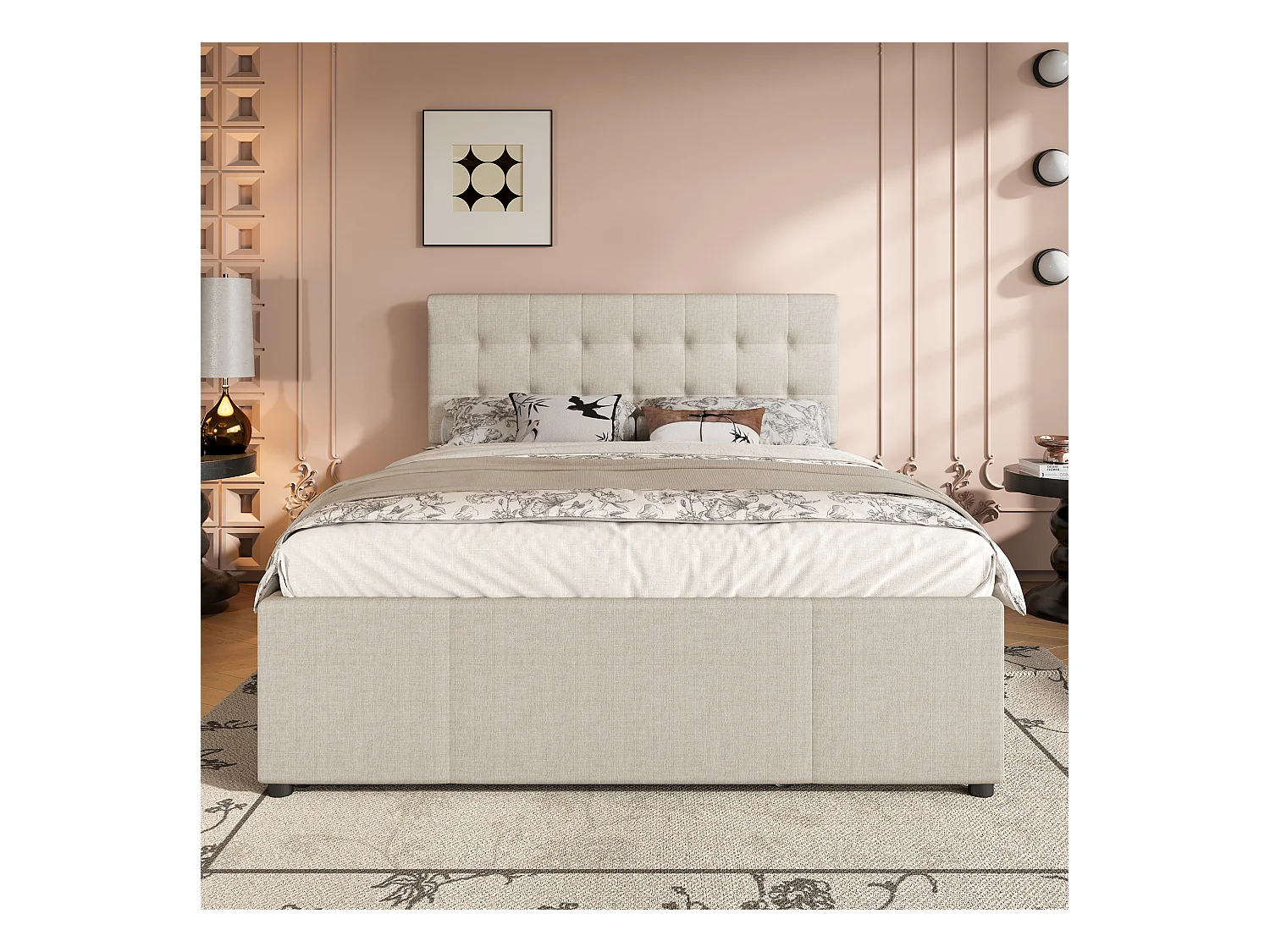 Lit 140x200 cm avec 3 tiroirs, lit extensible, tête de lit réglable, Lin, Beige (200x140x111.5 cm)