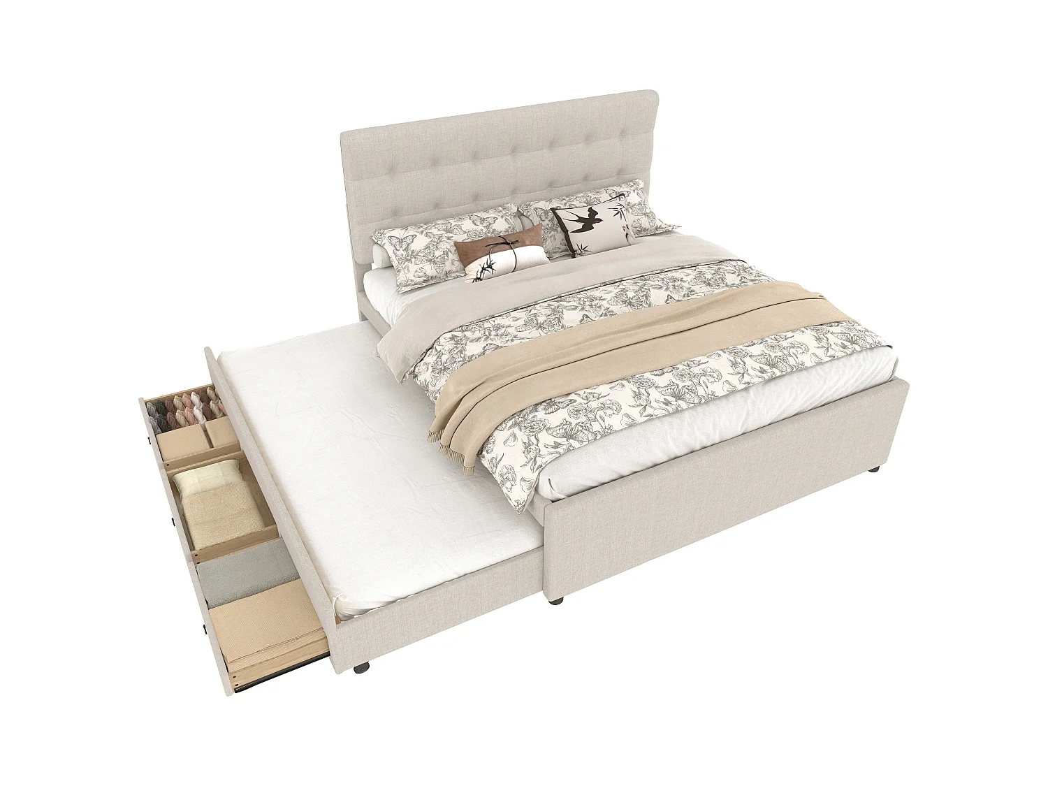 Lit 140x200 cm avec 3 tiroirs, lit extensible, tête de lit réglable, Lin, Beige (200x140x111.5 cm)