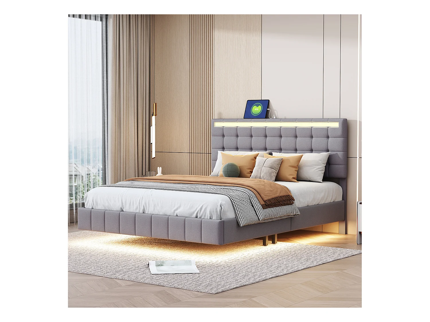 Lit double flottant avec LED et tête rembourrée, lin, gris (216x150x116cm)