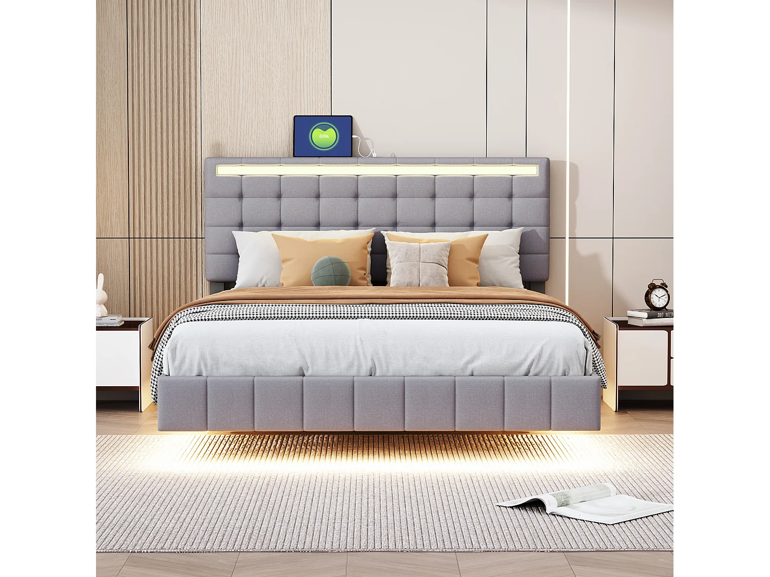 Cama doble flotante con LED y cabecero tapizado, lino, gris (216x150x116cm)