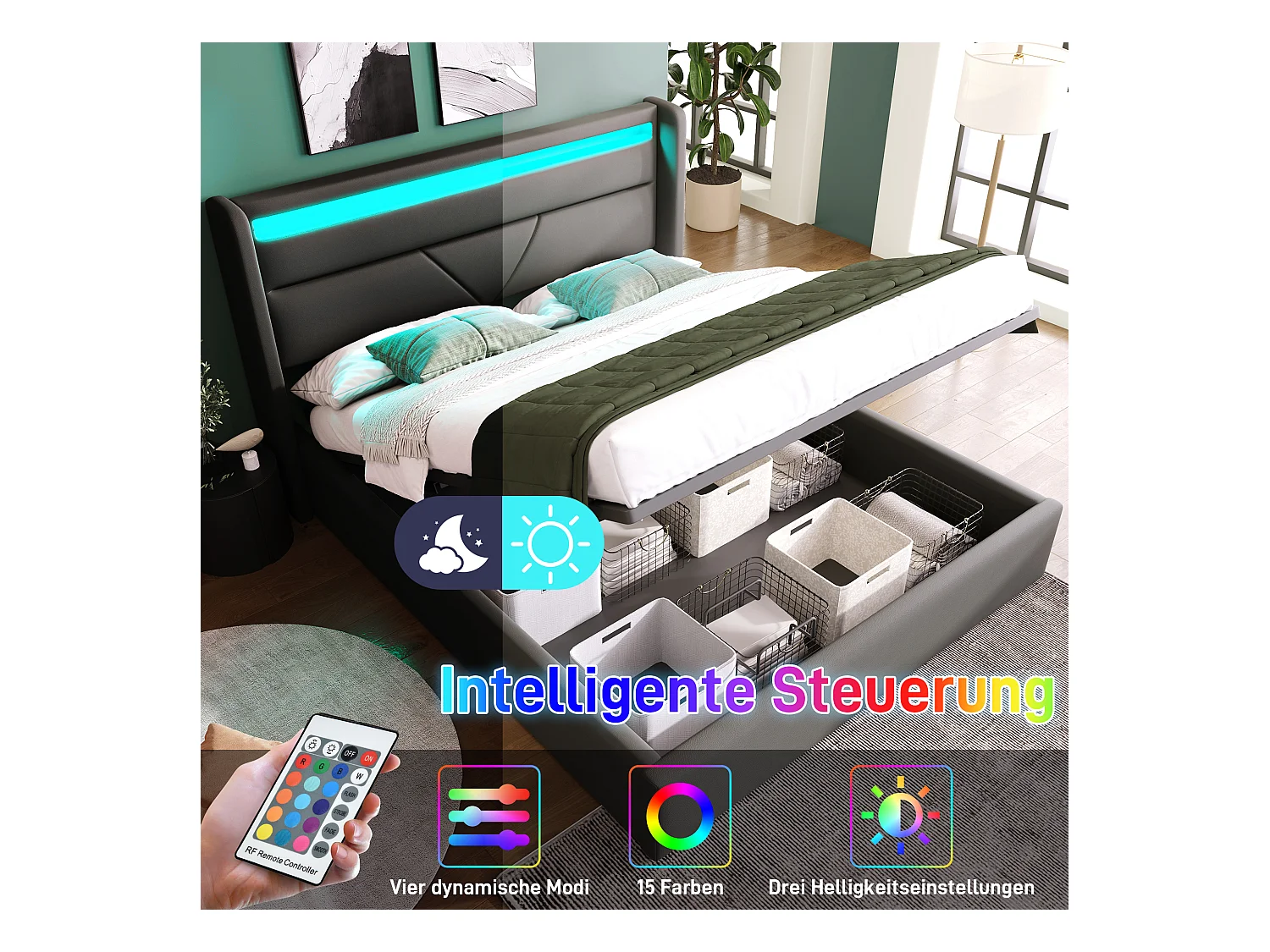 Lit coffre hydraulique avec éclairage LED, revêtement PU gris, rangement intégré, télécommande (202x146x107.5 cm)