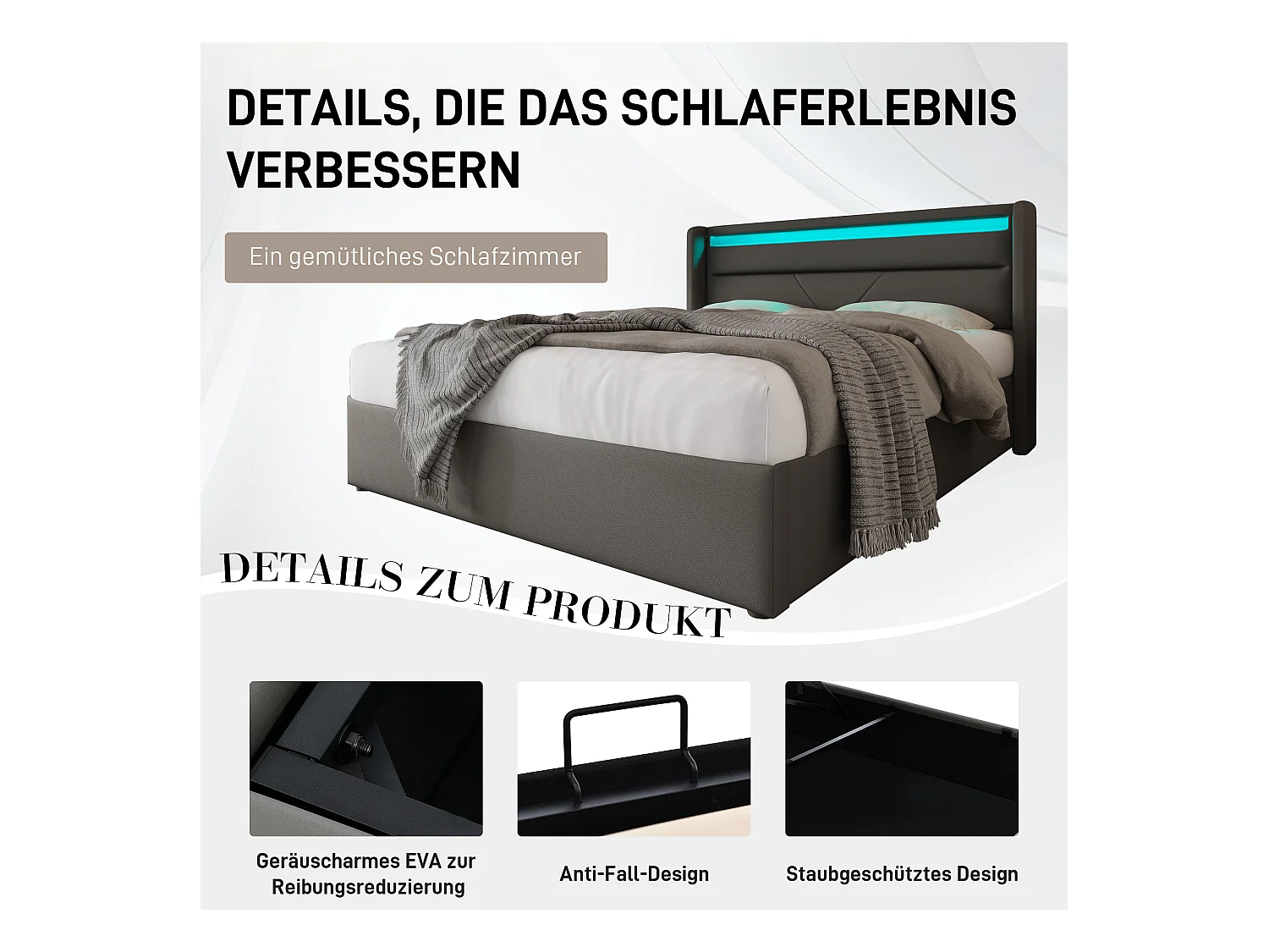 Lit coffre hydraulique avec éclairage LED, revêtement PU gris, rangement intégré, télécommande (202x146x107.5 cm)