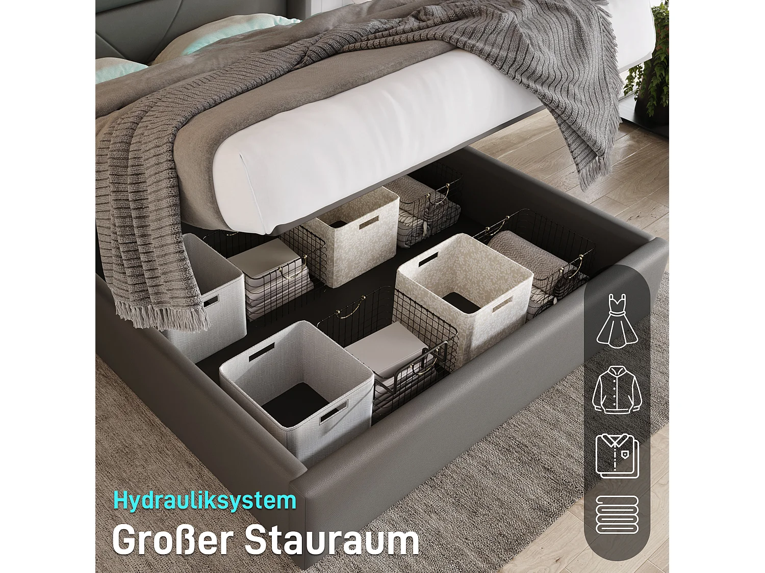 Lit coffre hydraulique avec éclairage LED, revêtement PU gris, rangement intégré, télécommande (202x146x107.5 cm)