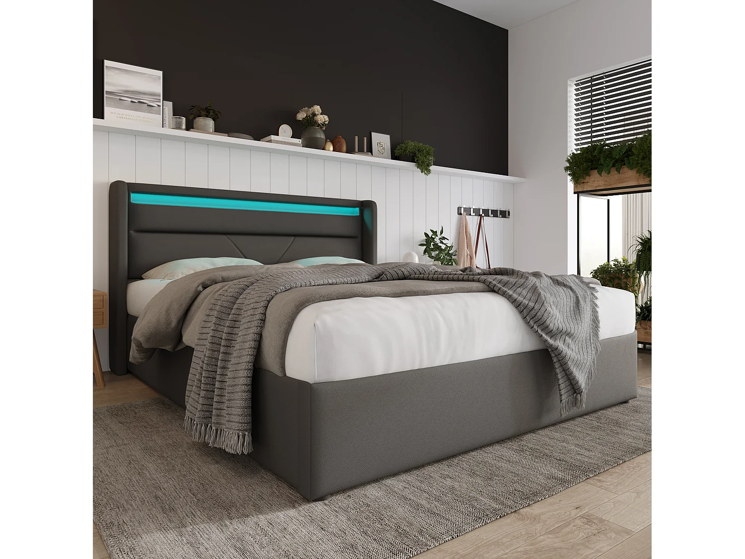 Lit coffre hydraulique avec éclairage LED, revêtement PU gris, rangement intégré, télécommande (202x146x107.5 cm)