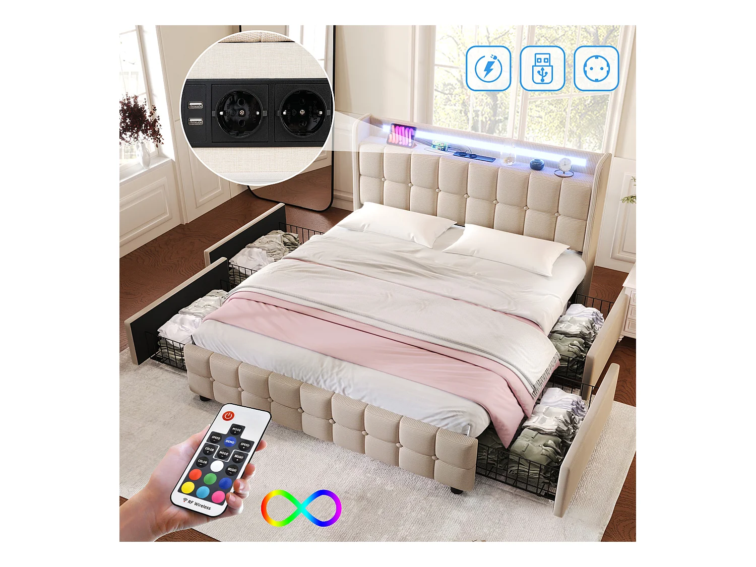 Lit tapissé LED avec recharge USB, 4 tiroirs, bois, beige (144.5x220x103.5cm)