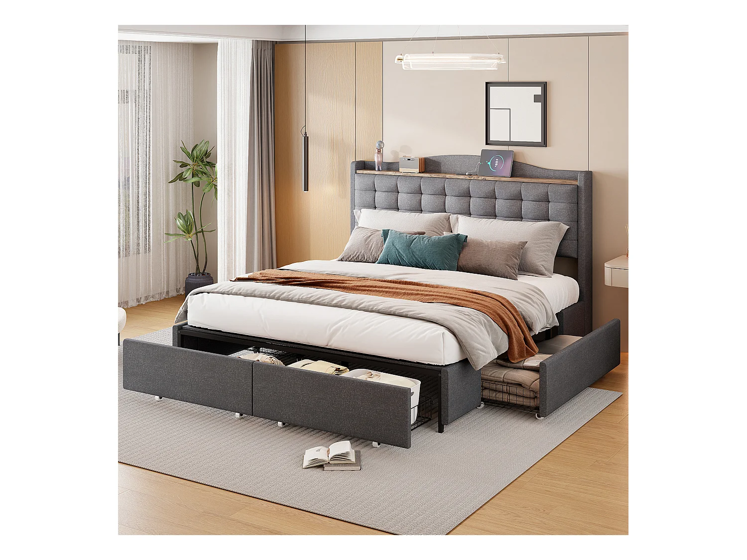 Lit tapissier 160 x 200 cm avec 4 tiroirs, tête de lit avec port USB et étagère, tissu en lin gris (200 x 166 x 110 cm)