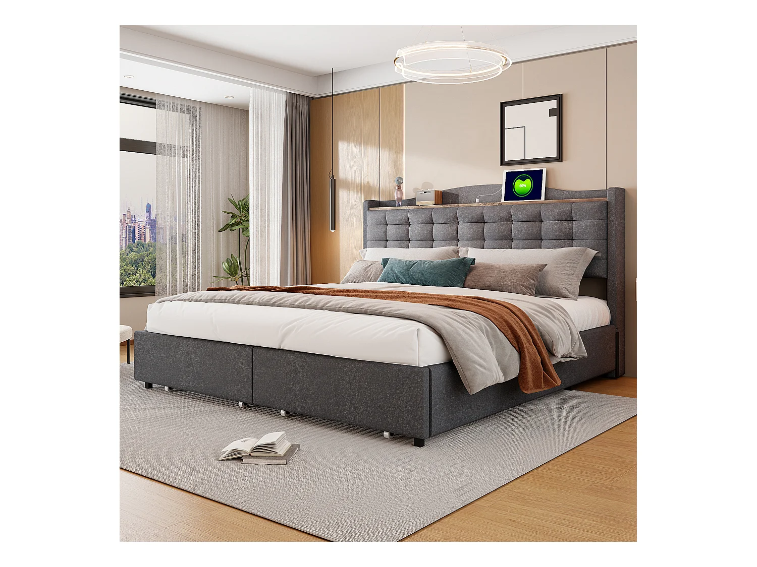 Lit tapissier 160 x 200 cm avec 4 tiroirs, tête de lit avec port USB et étagère, tissu en lin gris (200 x 166 x 110 cm)