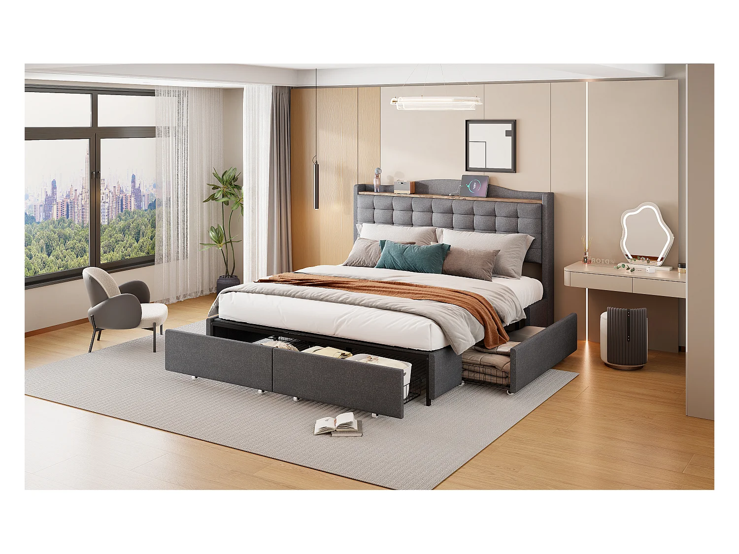 Lit tapissier 160 x 200 cm avec 4 tiroirs, tête de lit avec port USB et étagère, tissu en lin gris (200 x 166 x 110 cm)