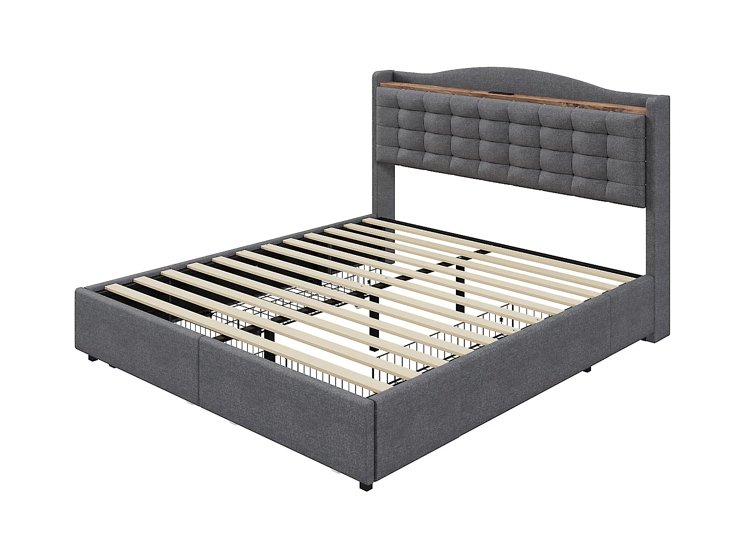 Lit tapissier 160 x 200 cm avec 4 tiroirs, tête de lit avec port USB et étagère, tissu en lin gris (200 x 166 x 110 cm)