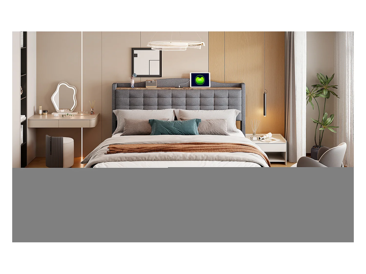 Lit tapissier 160 x 200 cm avec 4 tiroirs, tête de lit avec port USB et étagère, tissu en lin gris (200 x 166 x 110 cm)