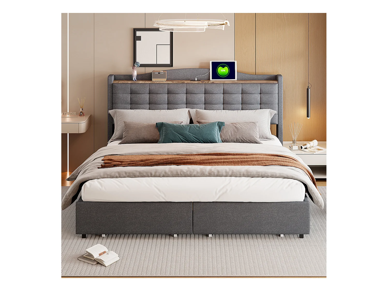Lit tapissier 160 x 200 cm avec 4 tiroirs, tête de lit avec port USB et étagère, tissu en lin gris (200 x 166 x 110 cm)