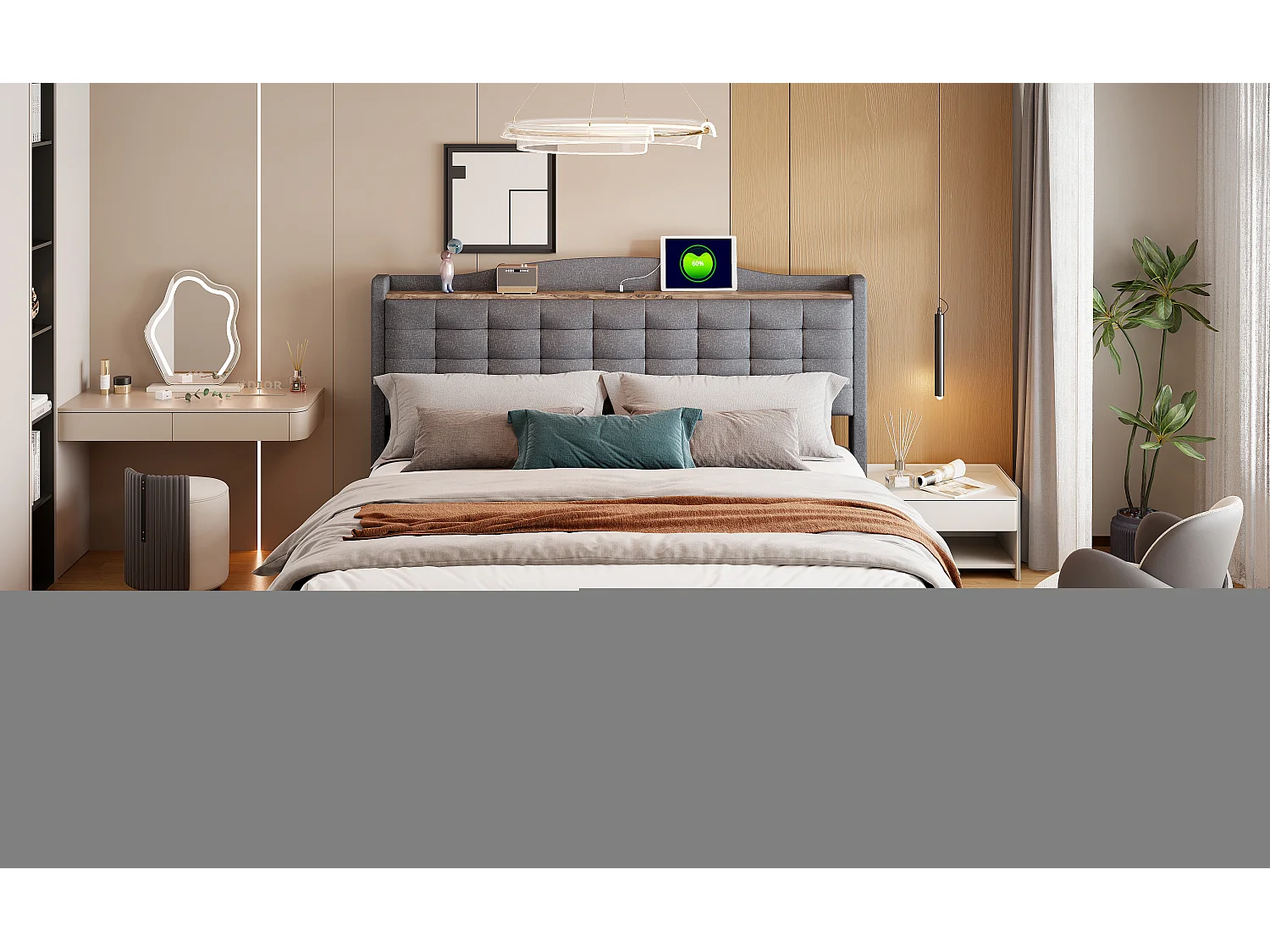 Lit tapissier 160 x 200 cm avec 4 tiroirs, tête de lit avec port USB et étagère, tissu en lin gris (200 x 166 x 110 cm)