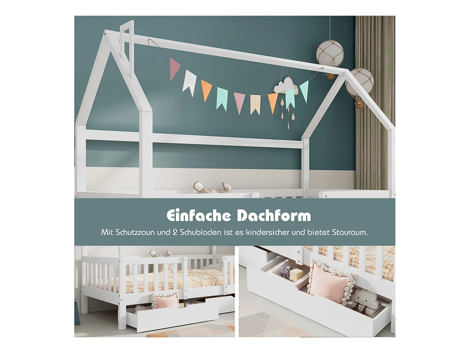 Lit enfant en forme de maison, avec rangement et barreaux de sécurité, en bois de pin, blanc (200x90 cm)