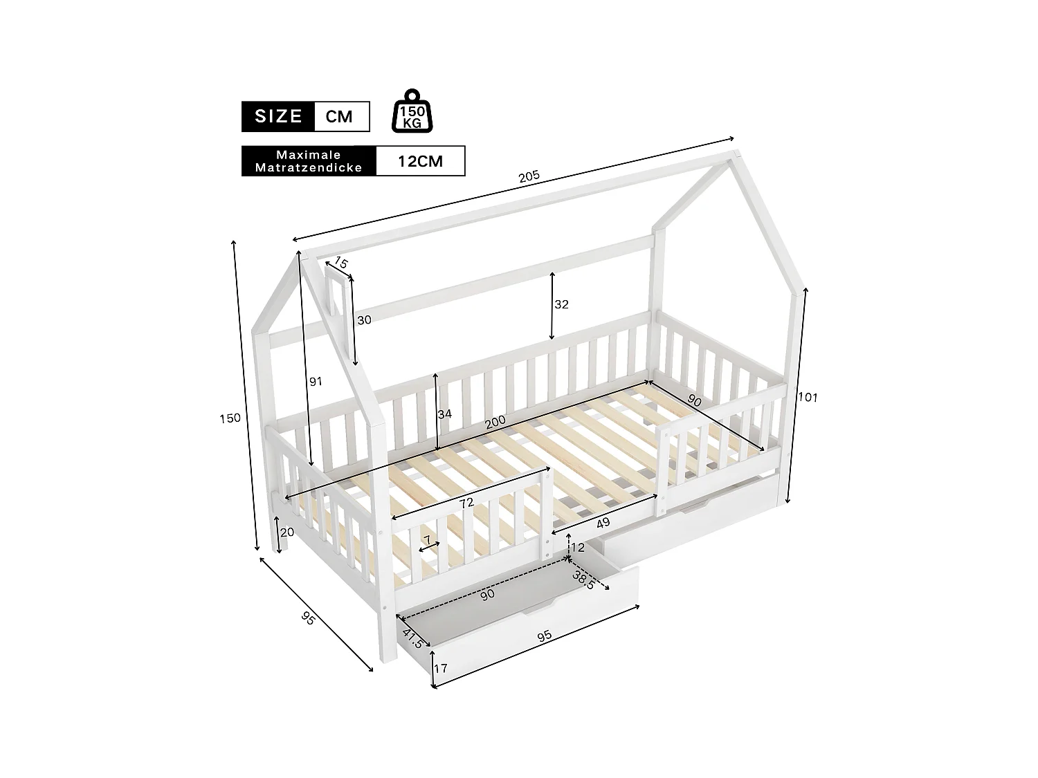 Lit enfant en forme de maison, avec rangement et barreaux de sécurité, en bois de pin, blanc (200x90 cm)
