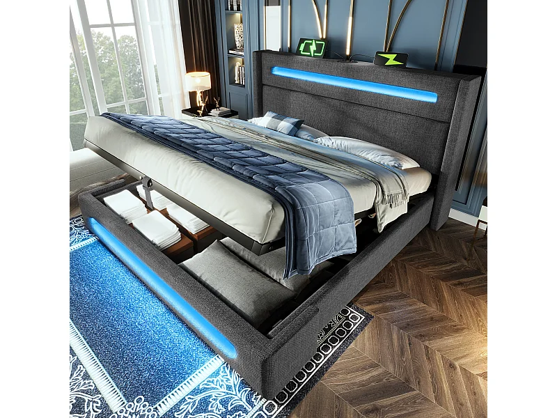 Lit 160x200 cm avec LED, stockage hydraulique, chargement USB Type-C, cadre métallique, lattes bois, lin gris (219x175x121 cm)