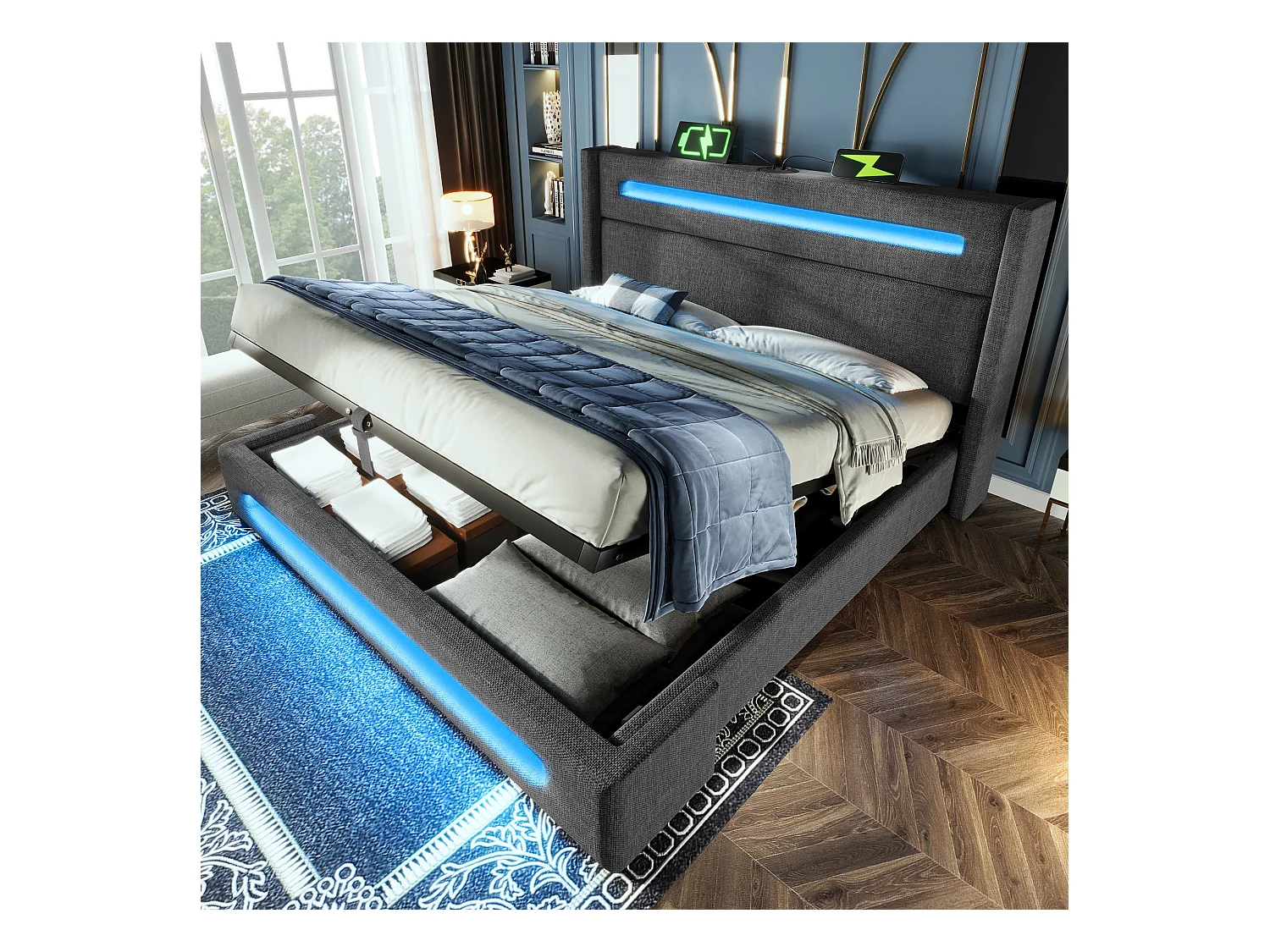 Lit 160x200 cm avec LED, stockage hydraulique, chargement USB Type-C, cadre métallique, lattes bois, lin gris (219x175x121 cm)