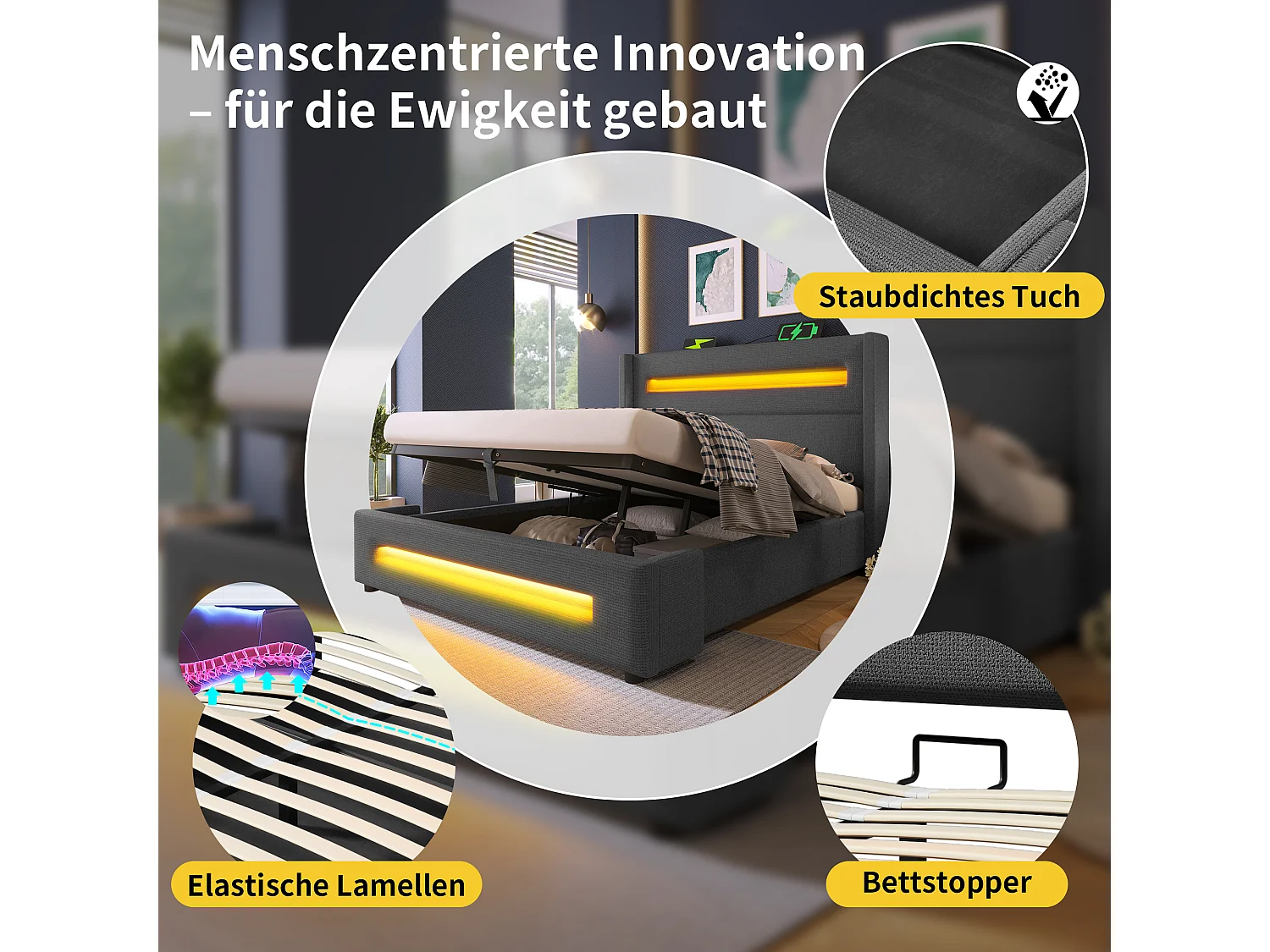 Letto 160x200 cm con LED, contenitore idraulico, ricarica USB Type-C, struttura in metallo, doghe in legno, lino grigio (219x175x121 cm)