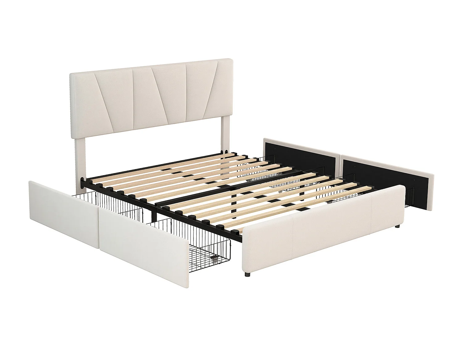 Letto a piattaforma 140x200 cm, con 4 cassetti e testiera regolabile, tessuto beige (210,5x150x103 cm)