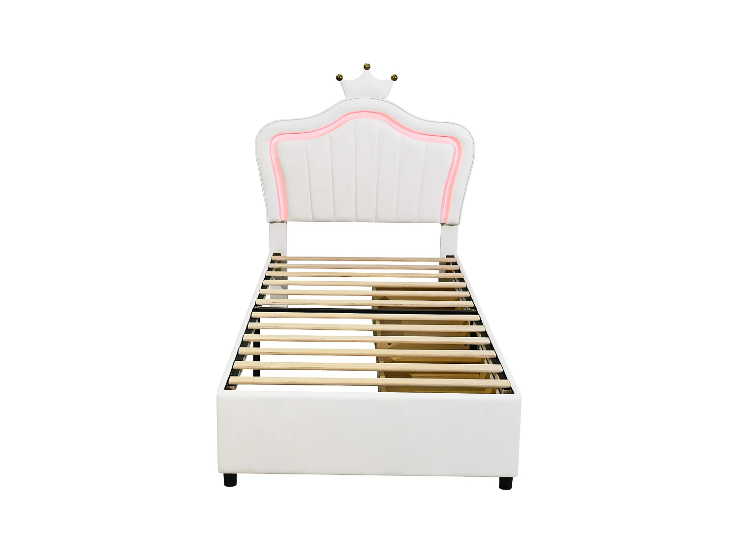 Lit enfant 90x200 cm, coffre à tiroirs, cadre PU cuir blanc couronne, LED intégrées, sommier à lattes (203.5x100x130.5 cm)
