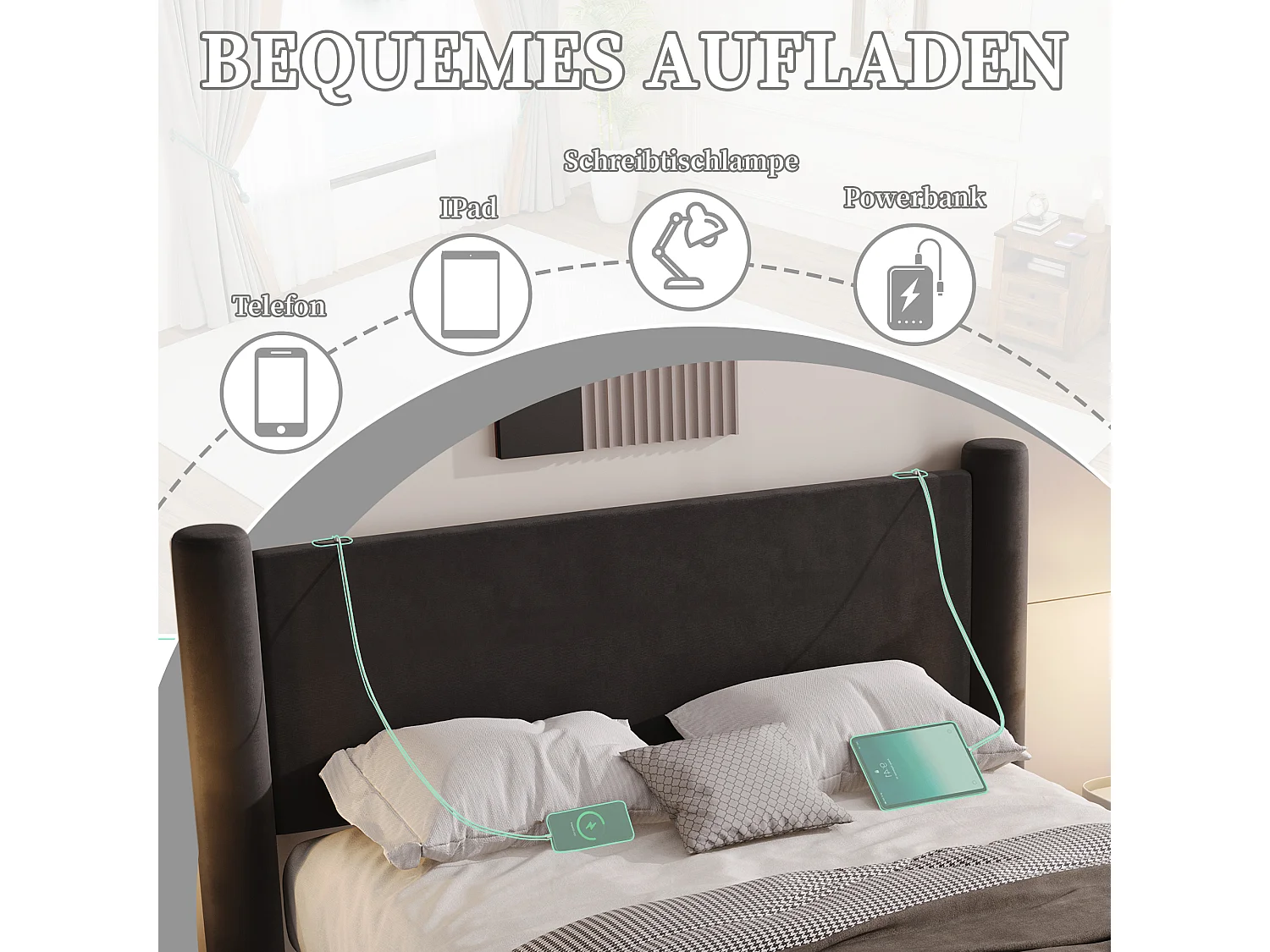 Bed 160 x 200 cm met modern design, 3D hoofdbord, dikke vulling, 2 opberglades en geïntegreerde USB-poorten, Zwart (160x200 cm)