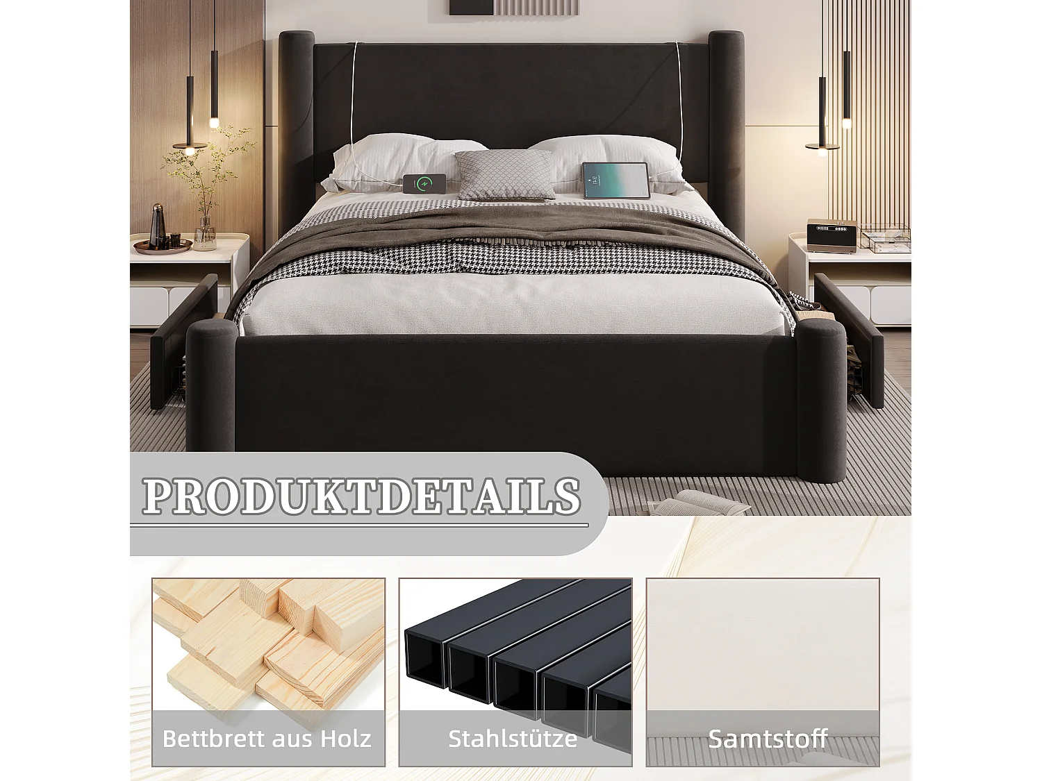 Lit 160 x 200 cm avec design moderne, tête de lit 3D, rembourrage épais, 2 tiroirs de rangement et ports USB intégrés, Noir (160x200 cm)