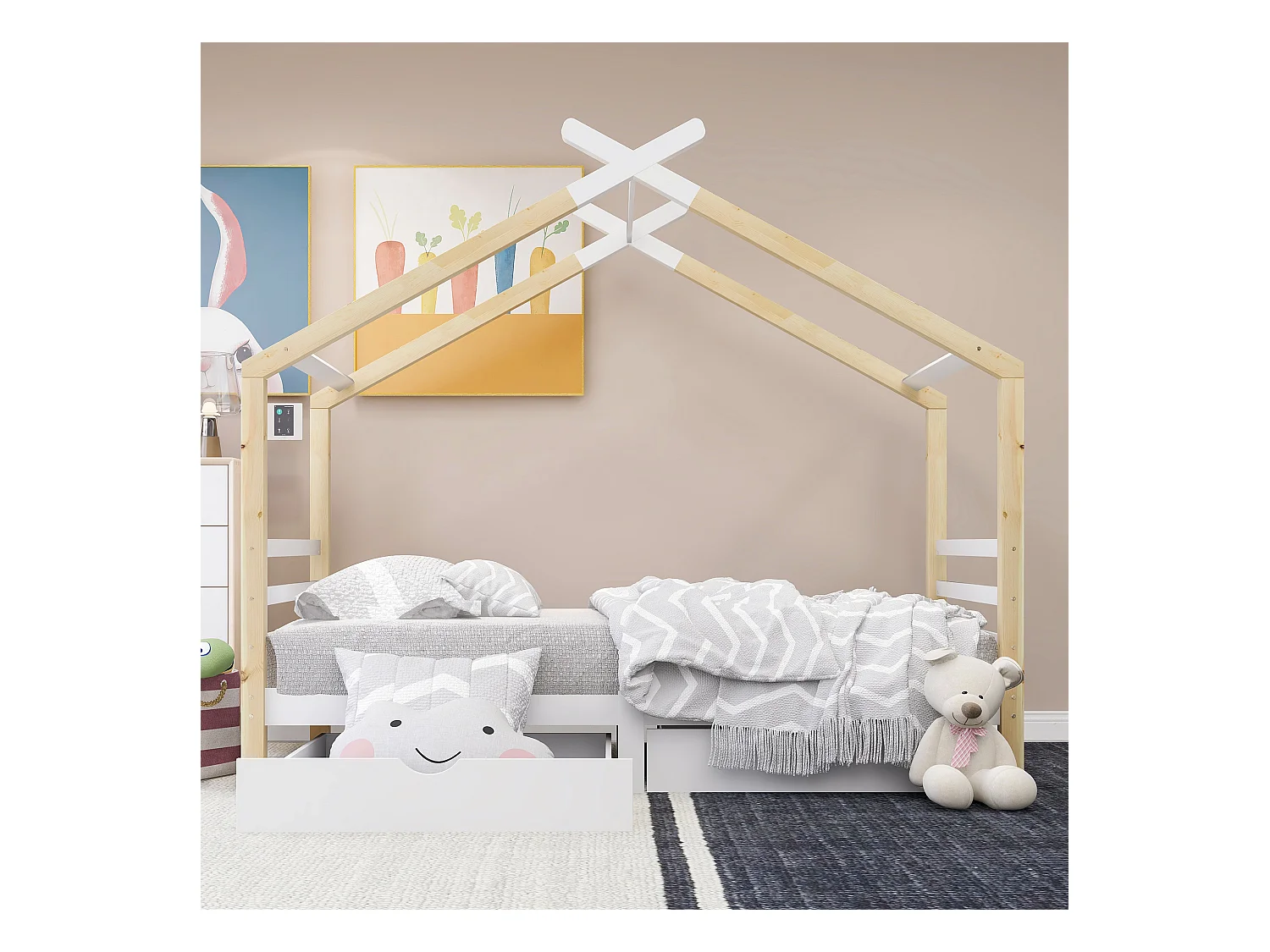 Lit cabane enfant avec tiroirs, pin massif, blanc et bois naturel (210x96x183cm)