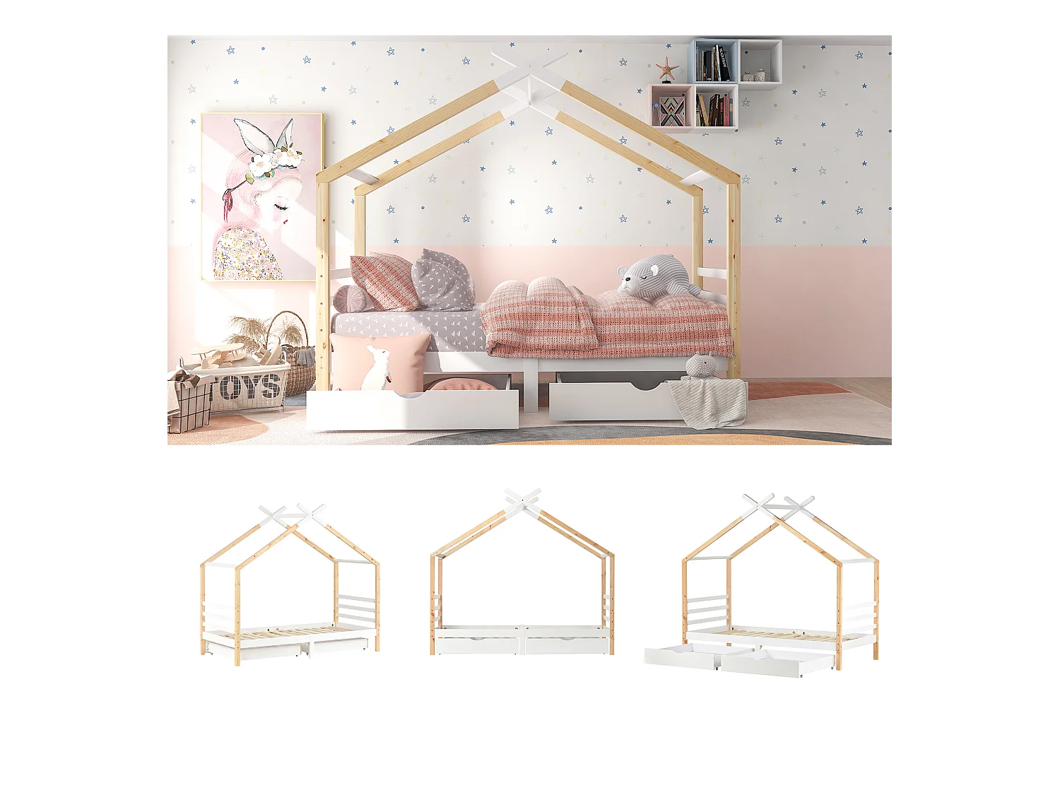 Lit cabane enfant avec tiroirs, pin massif, blanc et bois naturel (210x96x183cm)